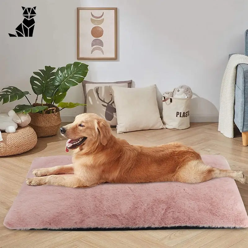 Lit pour chien : Tapis de couchage en polymère optique - couchage chaud & confort optimal, un chien couché sur un lit rose pour chien